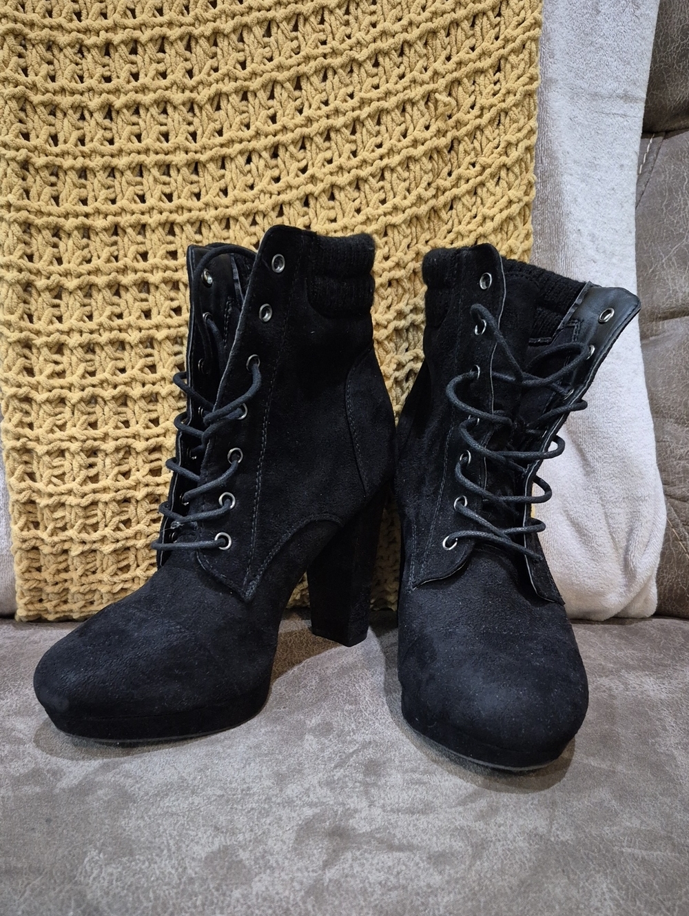 Charlotte Russe Black Suede Lace-Up Block Heel Ankle Boots